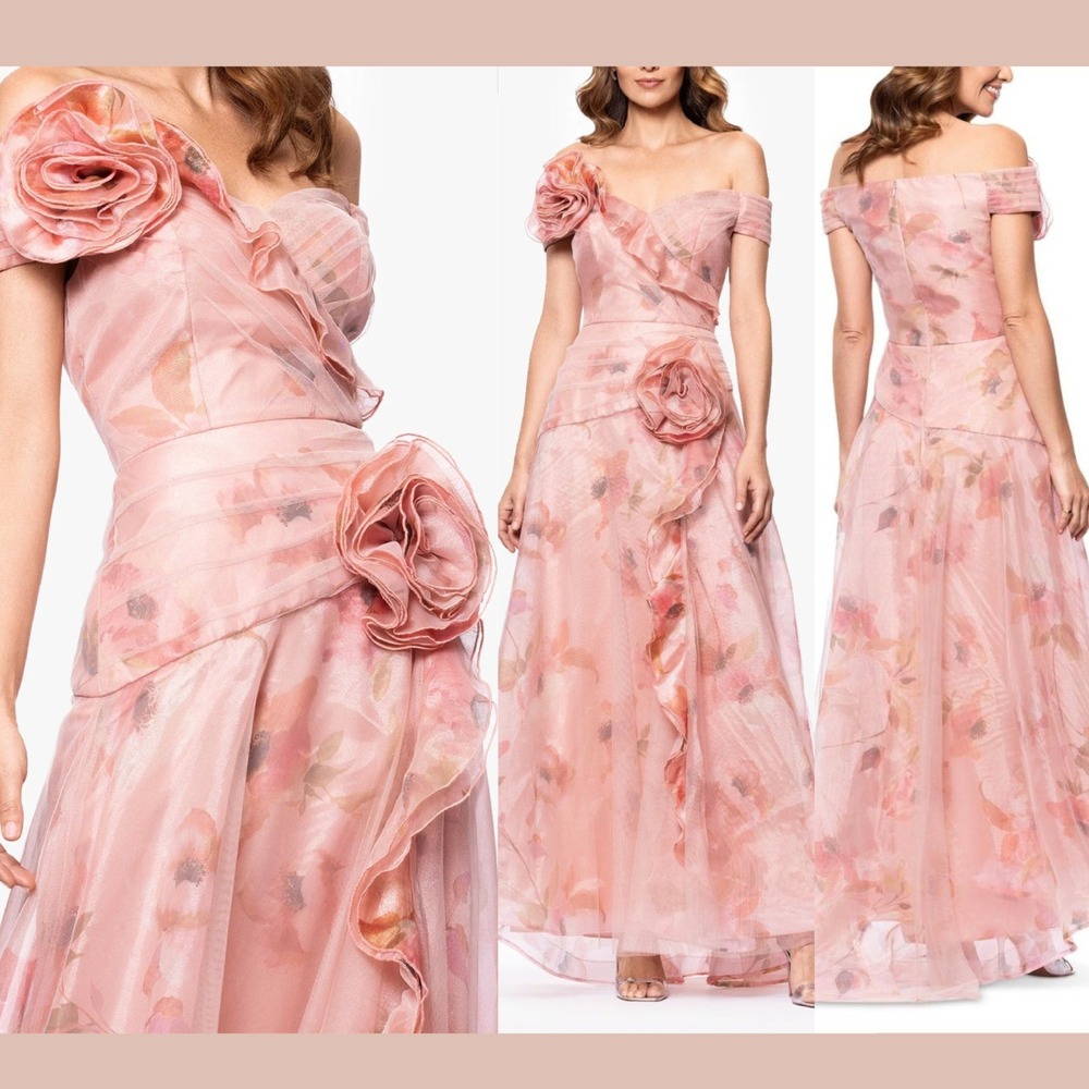 NWT $299 Betsy & Adam [ 4 ] Off The Shoulder Floral Mesh Ball Gown Pink J2189‎